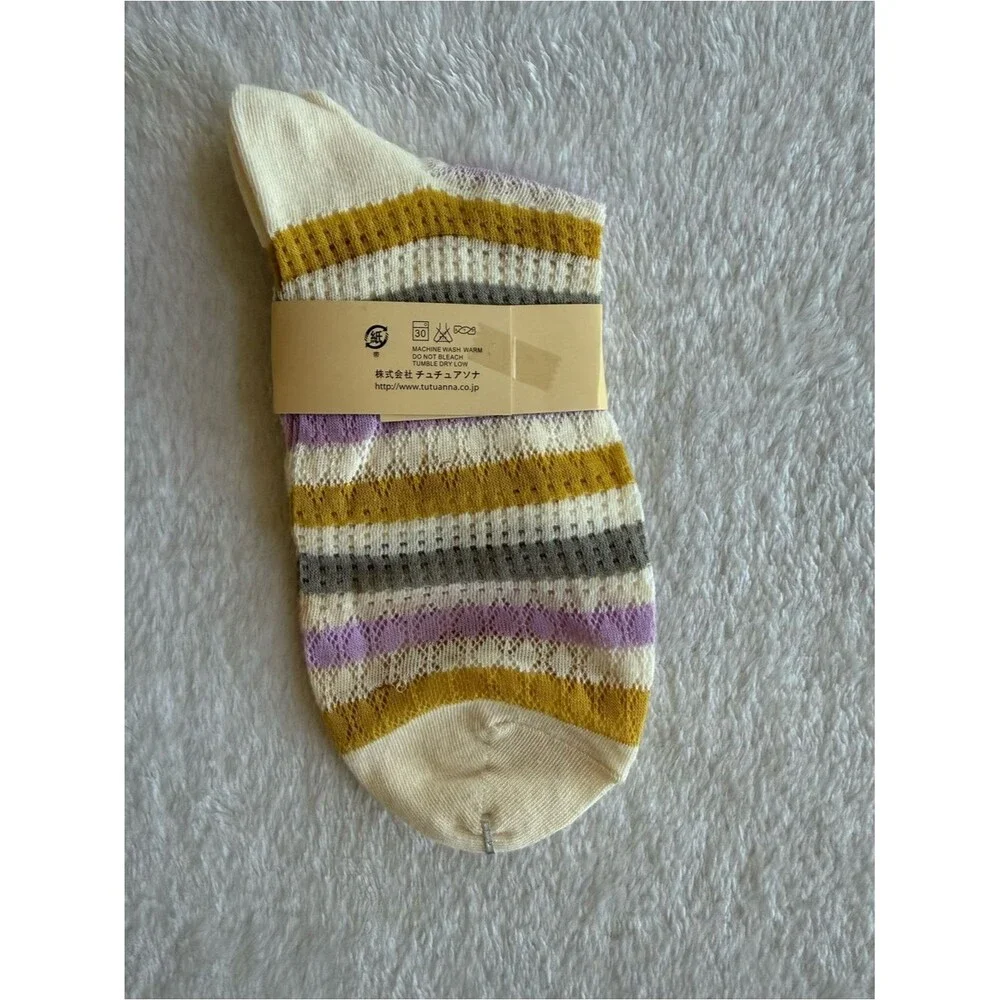 Tutuanna Lace Trim Striped Ankle Socks Cream Lavender Mustard Gray NWT